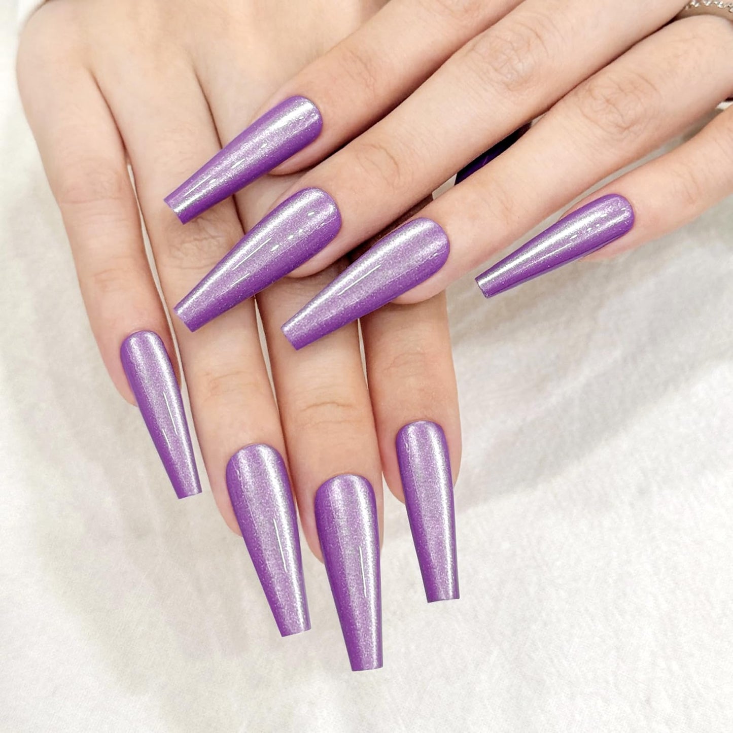 Purple Cat Eyes Press On Nails,12 Sizes - 24 Pcs Soft Gel Purple Long Coffin Fake Nails Kit with Nail Glue, Natural Reusable Stick On False Nails for Women and Girls SK1051