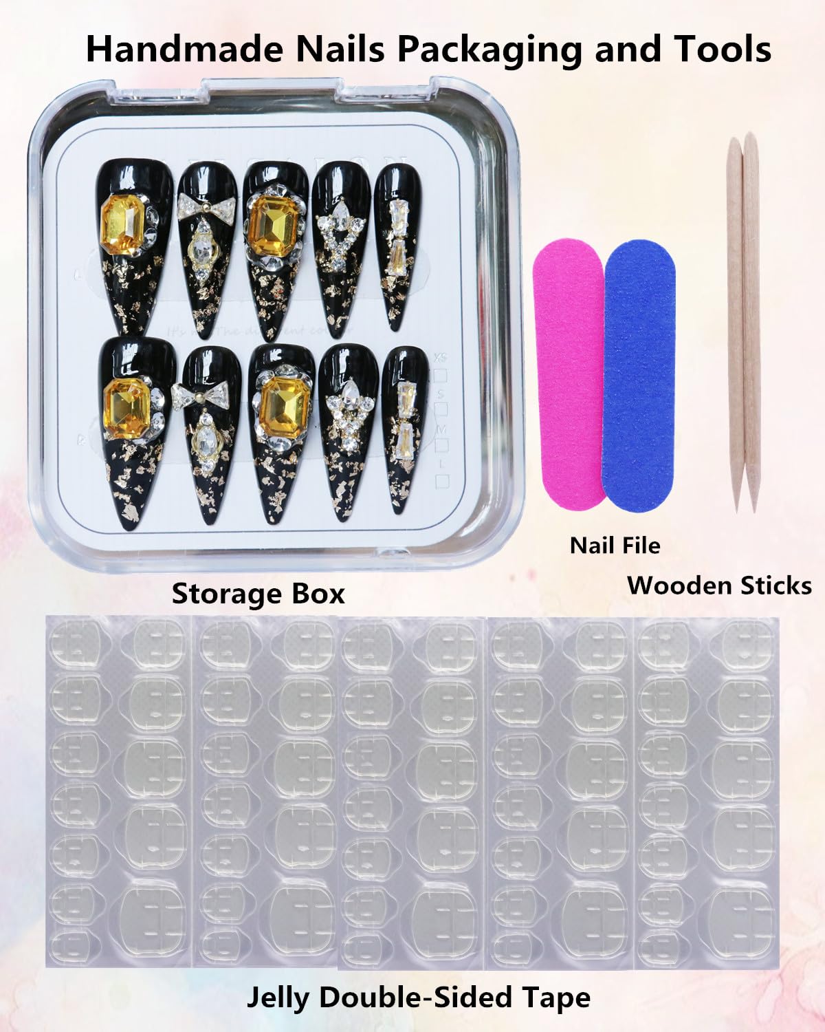 CAMILCY Luxury Handmade Press on Nails Black Gold Stiletto Glossy Reusable Long Fake Nails with Gold Foil Salon Quality Elegant Acrylic Artificial Nails for Women 10pcs(A020, L)