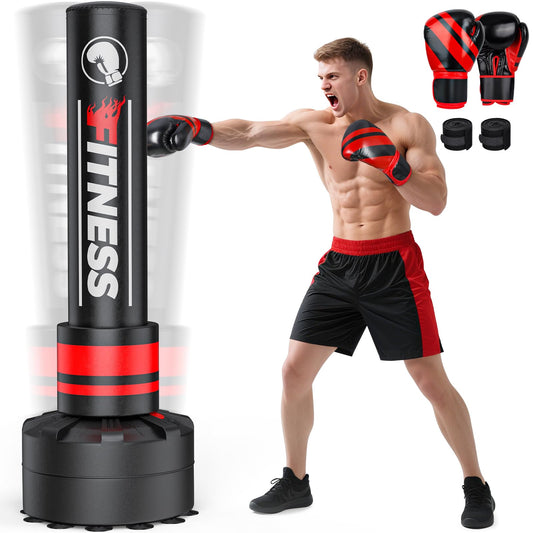 GIKPAL Freestanding Punching Bag for Adults 67'' Heavy Boxing Bag with Boxing Gloves, No Spring Low-Noise Standing Bag for Home Office Kickboxing (Red)