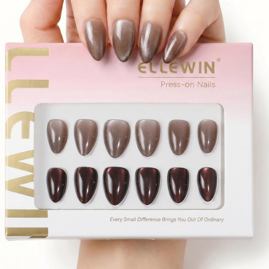 ELLEWIN 60 Pcs Cat Eye Press on Nails Medium Almond - Dark Red & Almond, 15 Sizes Acrylic Glossy Glitter Stick on Nails Set with Glue, Remover & Accessories for Women