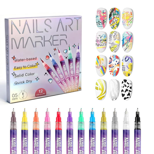 12 Colors Nail Art Pens Set, 0.5mm Fine Tip Nail Markers for 3D Nail Art, DIY Manicure & Drawing, Portable Nail Art Tools