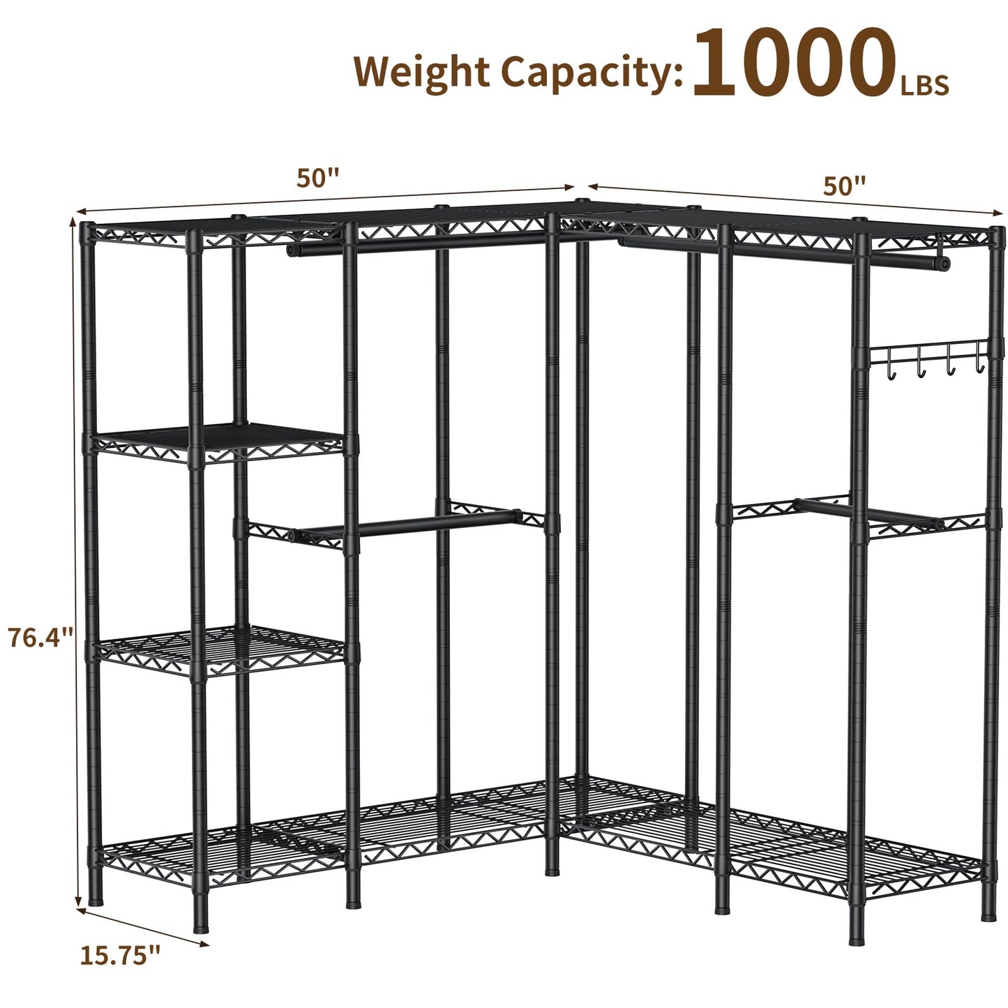 Golpart Heavy Duty Garment Rack Clothes Rack,Large Metal Closet Organizer System Storage Wardrobe,Freestanding Clothing Rack with Adjustable Wire Shelves& Hang Rods,MaxLoad 1100lbs