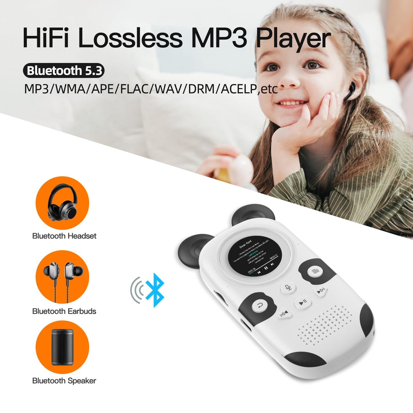 RUIZU 64GB MP3 Player for Kids, Cute Panda Portable Music Player MP3, Child MP3 Player with Bluetooth 5.3, Speaker, FM Radio, Voice Recorder, Alarm Clock, Stopwatch, Pedometer, Support up to 128GB