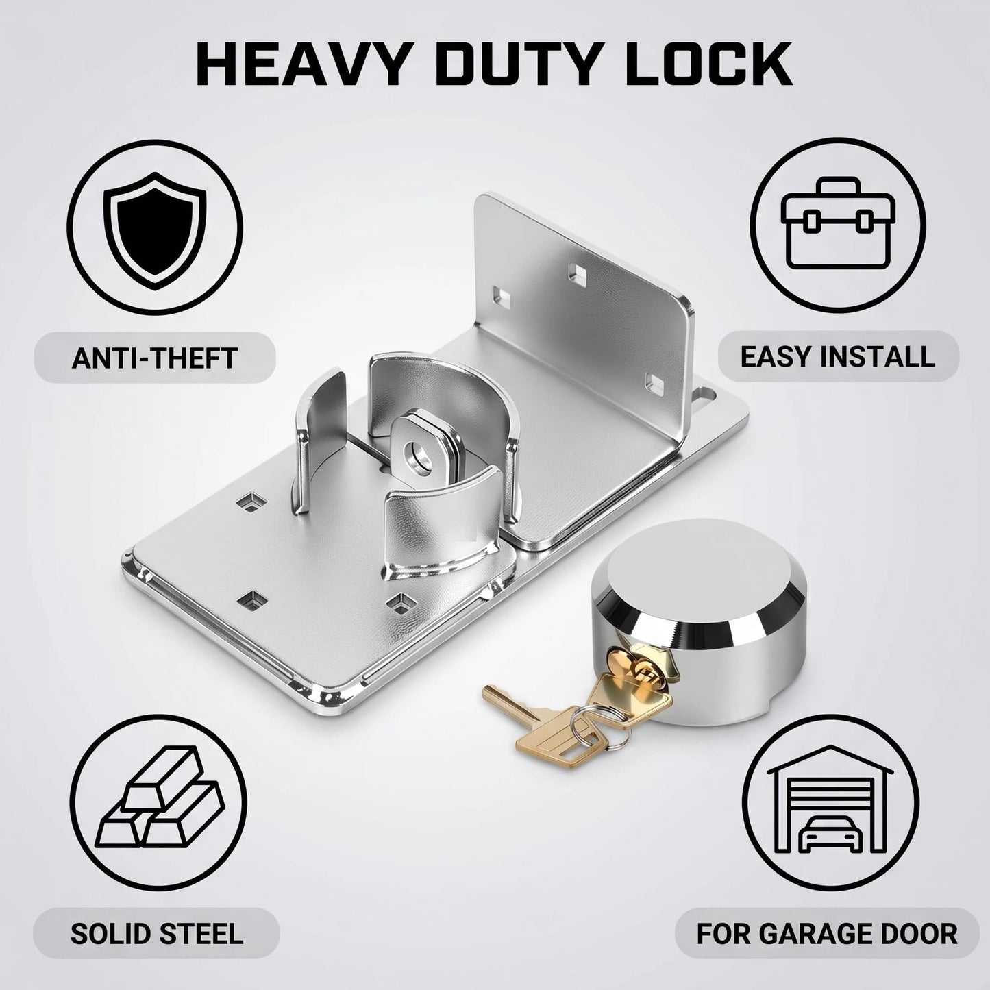 Roll-Up Garage Door Lock with Hidden Shackle, Heavy Duty Solid Steel Hasp & Padlock Set, High Security 6-Pin Cylinder, Anti-Cut & Tamper Resistant, Includes 2 Keys & Mounting Hardware