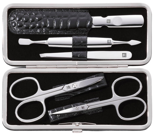 ZWILLING Manicure Set (5 piece, for fingernail and toenail care, genuine leather case with metal frame), Polished Stainless Steel, Crocodile Edition, Black
