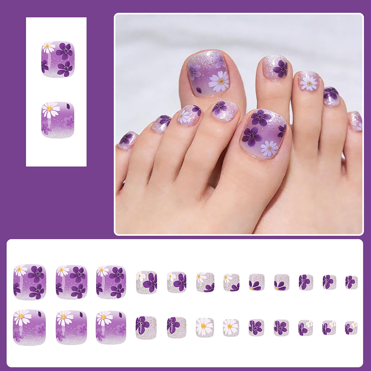 Purple French Press on Toenails,Short Square Fake Toenails with Flower Acrylic Designs,Gradient Glitter Toenails Full Cover Reusable Glossy Stick on Toes Nails for Women Girls 24Pcs