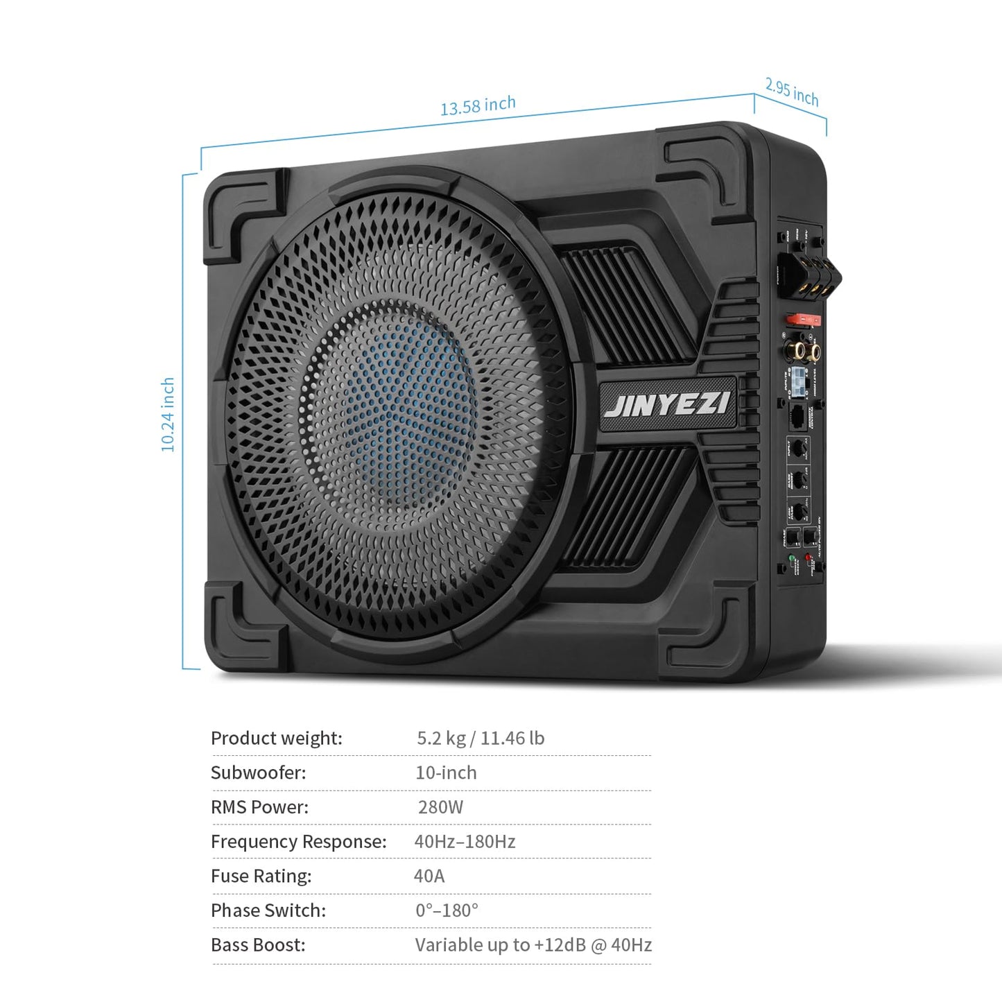 JinYeZi 10" 1200W Under Seat Subwoofers with Amp, Class D MOSFET Amp & Efficient Heat Dissipation Design, Independent Control for Low-Pass Filter/Gain/Bass Boost, Suitable for Trucks/SUVs/Jeeps/MPVs