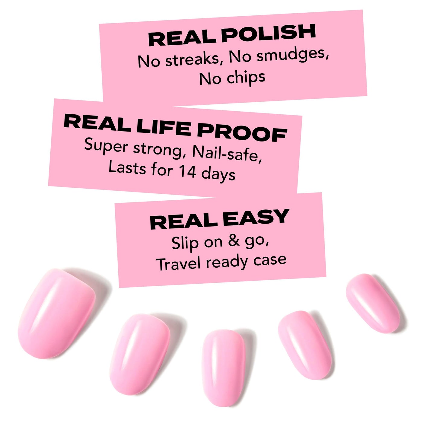 Short Pink Press On Nails | Hard Candy False Nails with Real Solid Pink Nail Polish | Includes - Reusable Short Round Nails, Strong Nail Glue and Travel Case