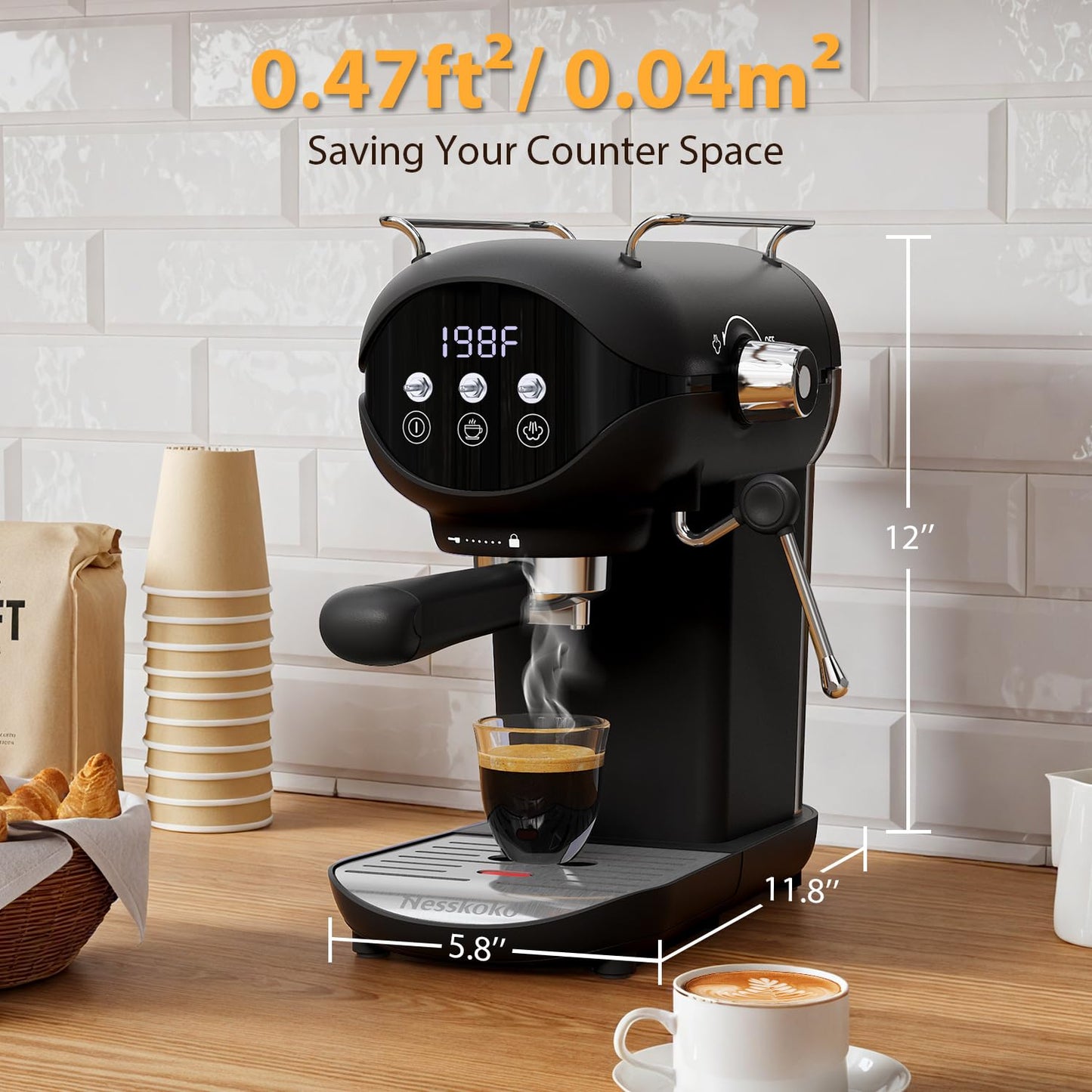Nesskoko Espresso Machine with Steam Milk Frother Semi Automatic 20 Bar Compact Black with Toggle Switch for home Cafetera Espresso, Latte, Cappuccino, Americano, Macchiato