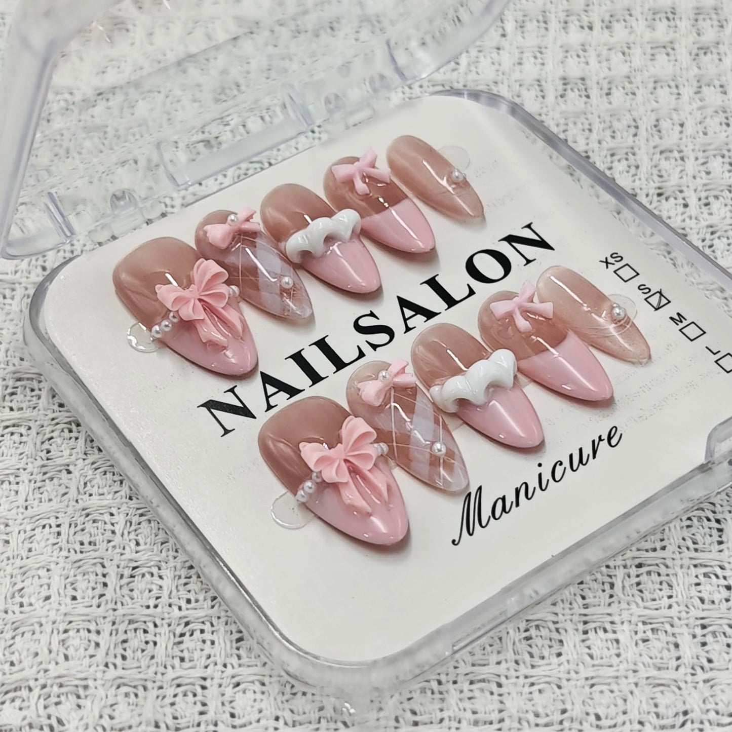 10Pcs Pink Almond Press on Nails Handmade Fake Nails Cute French Tip False Nail with 3D Bow Design Handmade Acrylic Nails Press ons Glitter Full Cover Nail Medium Reusable Stick on Nails for Women (S)