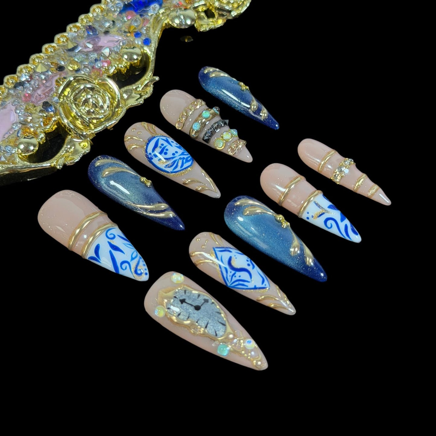 3D Handcrafted Press On Nails, Luxury Fake Nails with Porcelain Pattern, Ring Jewelry Inspired & Unique Clock Face Design, Reusable Acrylic False Nails Navy Blue (L)