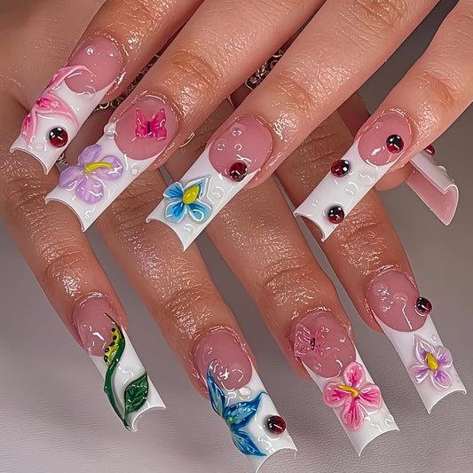 Square Press on Nails Long Fake Nails French Tip White Artificial Nail with 3D Flowers Designs Cute Pink Floral Stick on Nail for Women 24pcs