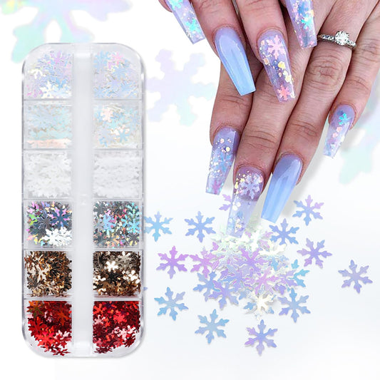Snowflake Nail Glitter Flakes, Christmas Snowflake Glitter Nail Sequins Gold Silver Red Snowflake Design Nail Supplies for Women Manicure Charms Decorations, DIY Sparkly False Nails Crafts