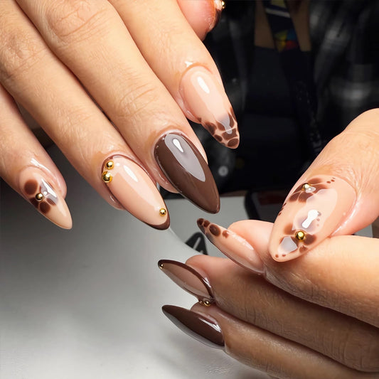 MISUD Press on Nails - Medium Almond Fake Nails with Fall Brown Acrylic Autumn Flower Design 24 pcs