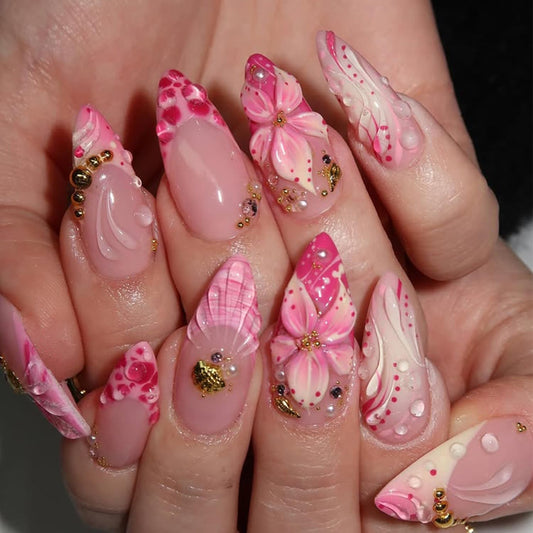 24Pcs Pink Flower Press on Nails Medium Almond French Tip Fake Nails with 3D Gold Gems Design Starfish Pearl False Nails Nude Full Cover Artificial Glue on Nails Handmade Stick on Nails for Women DIY