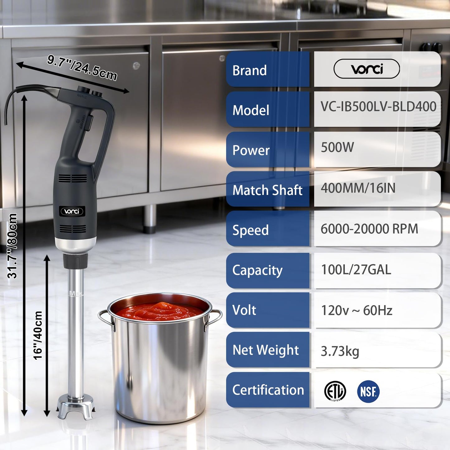 VONCI 500W Commercial Immersion Blender, 16" SUS 304 Removable Shaft, Heavy Duty Power Hand Mixer with Variable Speed 6000-20000RPM, Professional Electric Stick Blender for Restaurant Kitchen Use.