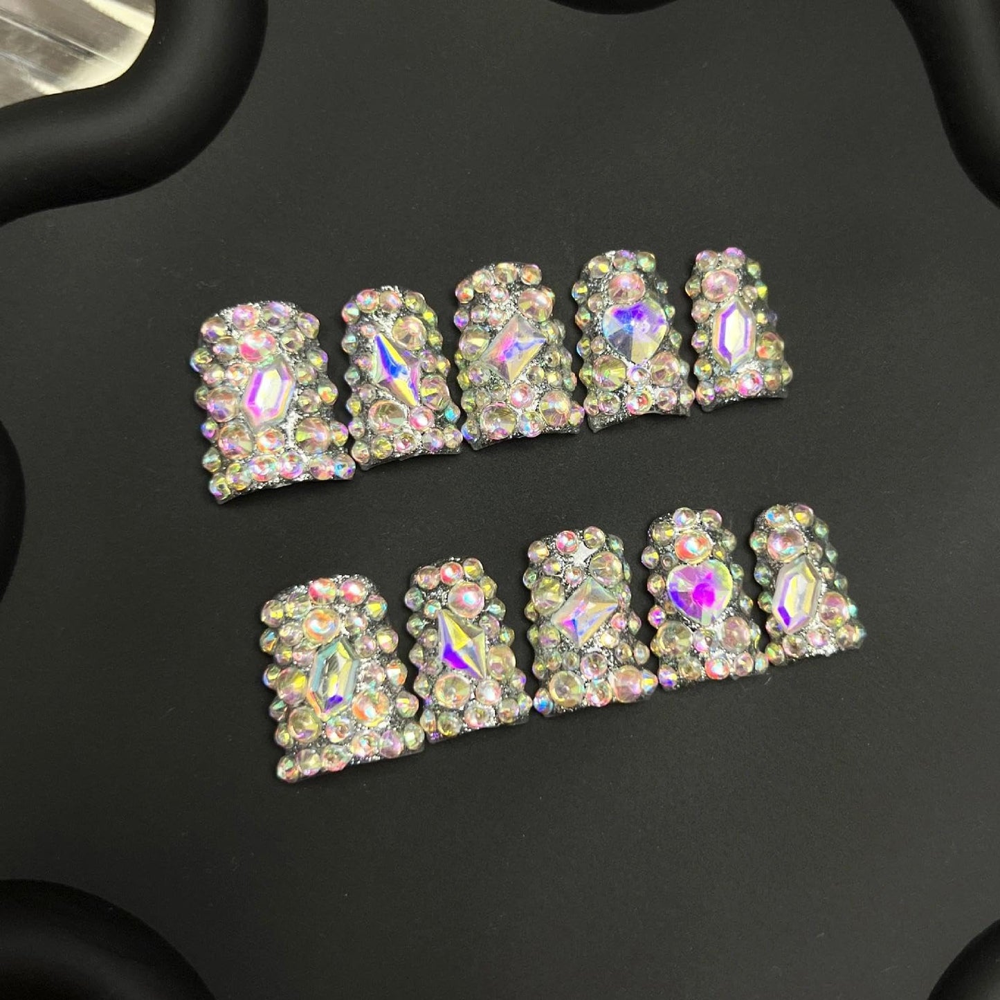 Handmade 3D Iridescent Full Rhinestone Square Press On Nails, Luxury Rhinestone Stage Style Artisan Nails Set, Reusable Glossy Press-ons with Tool Kit(S)