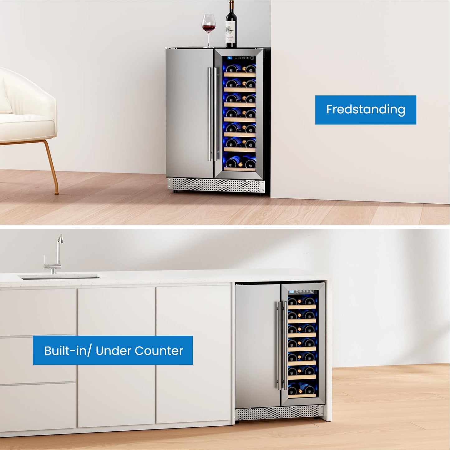 Vushine Wine and Beverage Refrigerator, 24’’ Daul Zone Wine Fridge, Freestanding Under Counter Refrigerator, Stainless Steel Beverage Cooler with Adjustable Shelves, Holds 21 Bottles and 88 Cans
