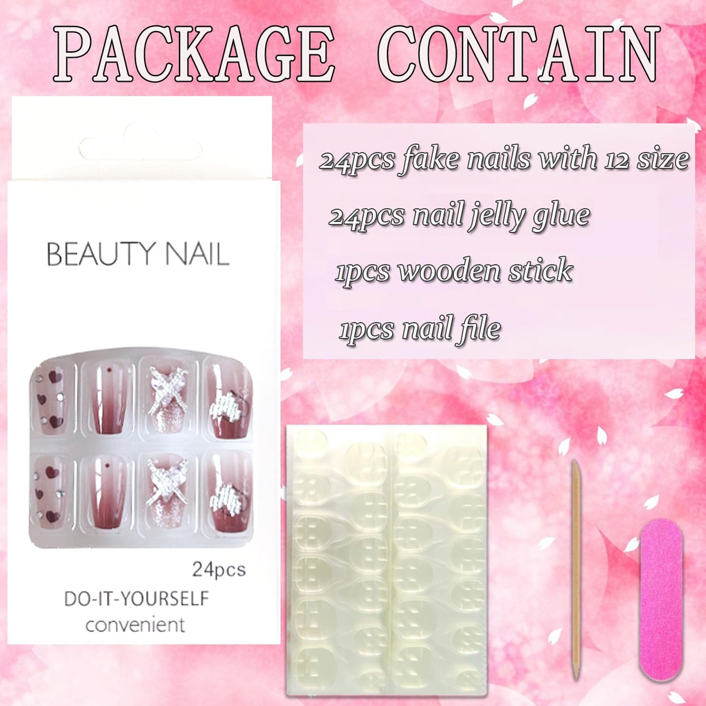 Vezocim Press on Nails Square Medium 24Pcs Glossy Full Cover Coffin Red Fake Nails with Heart Rhinestone Designs Artificial Acrylic False Nails Medium Square Fingernails for Women