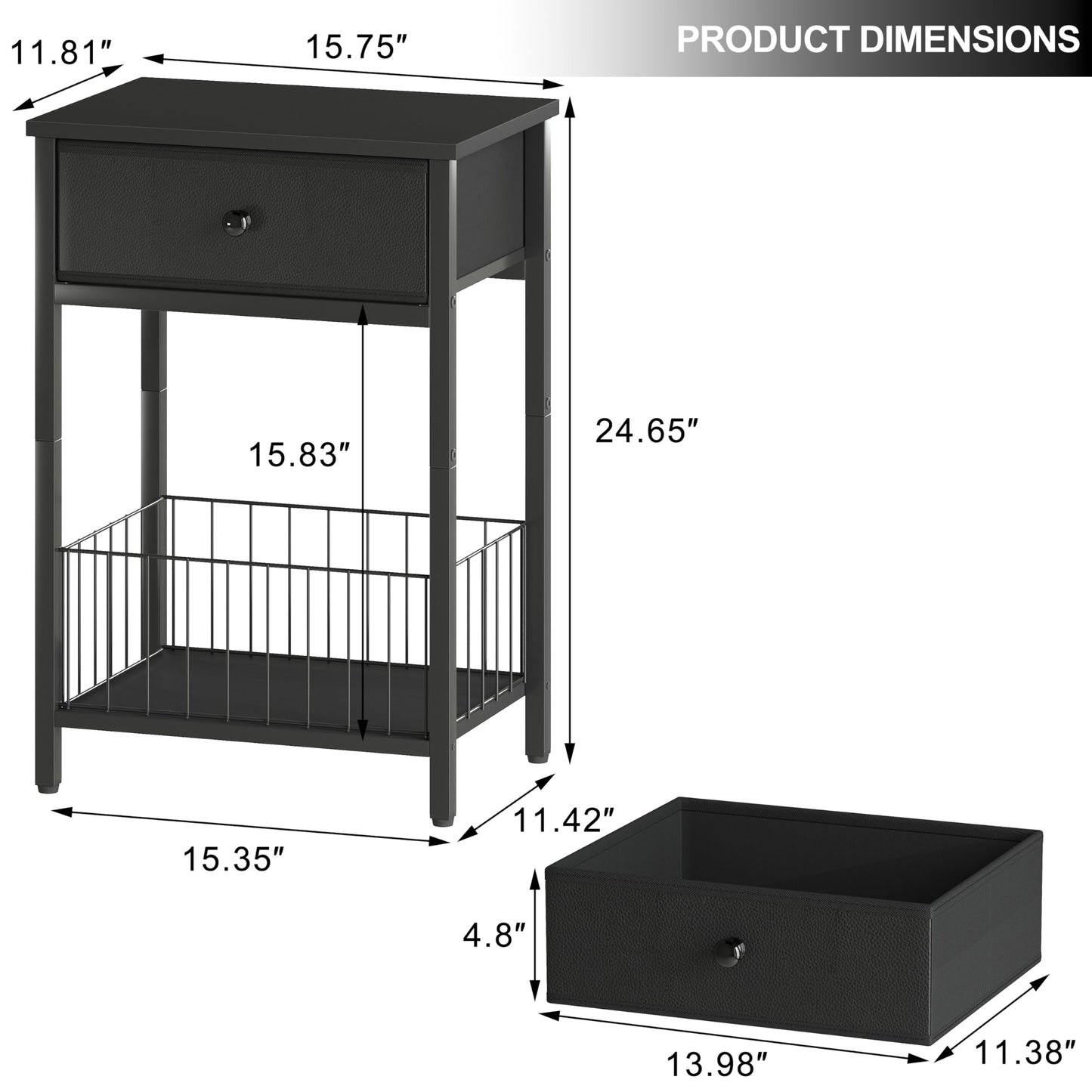 VAFEKOL Nightstand with PU Leather Front Drawer, 3-Tier End Table with Bottom Mesh Basket, Industrial Bedside Table for Small Spaces, Black
