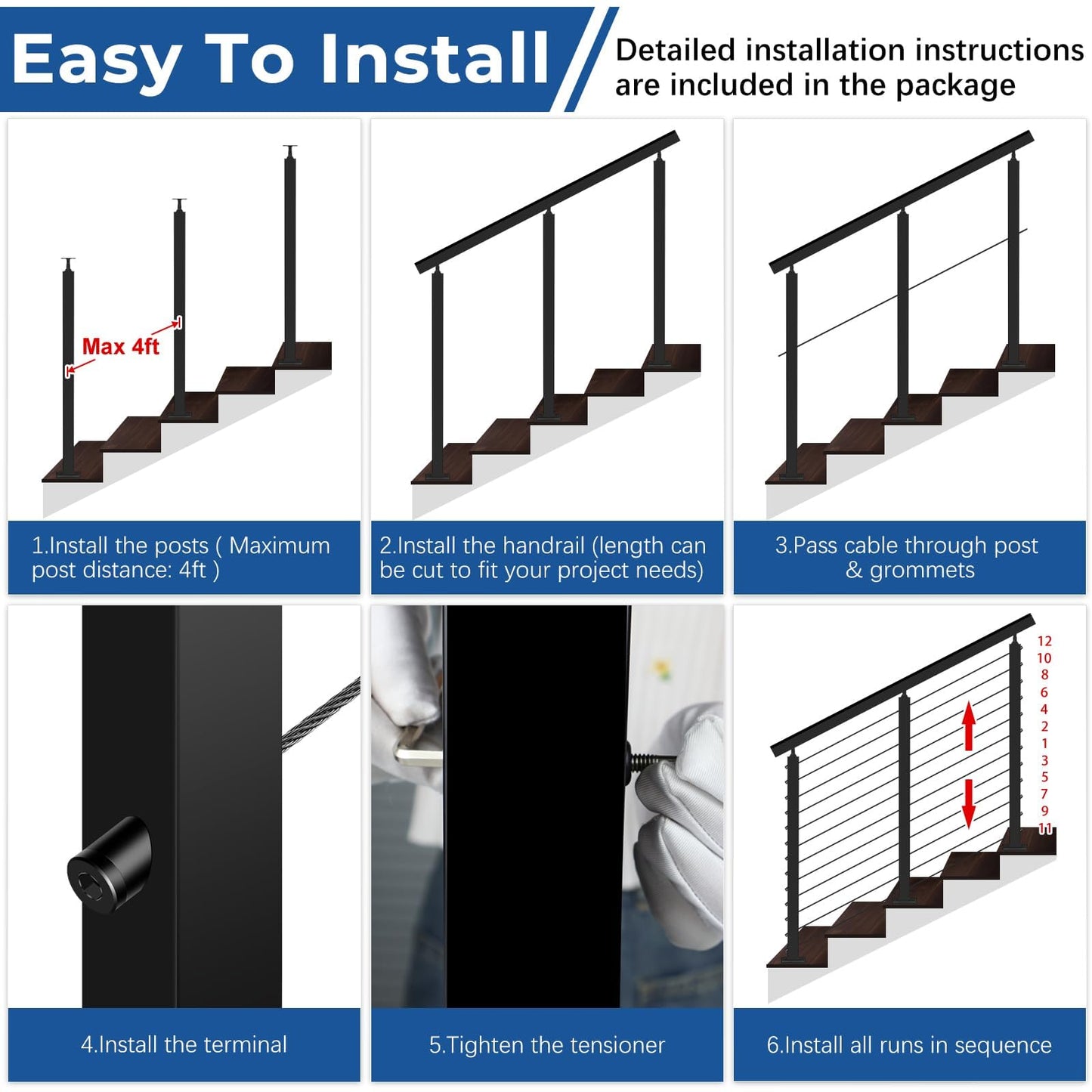 Zylorix 4ft-8ft Complete Set 33° Drilled Cable Railing System 42" with Handrail Cuttable, T304 Stainless Steel Black Angle Cable Railing Posts Kit with 1/8" Cable Railing Hardware for 28-38° Step