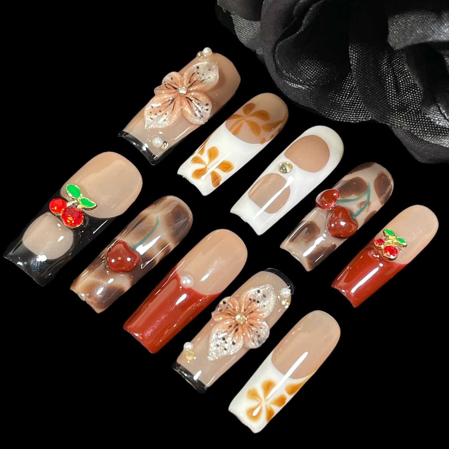 Handmade Press On Nails Square 3D Floral Cherry Blossom Leopard French Fake Nails wtih Design, Reusable Acrylic False Nails Gift Set (Cherry, m)