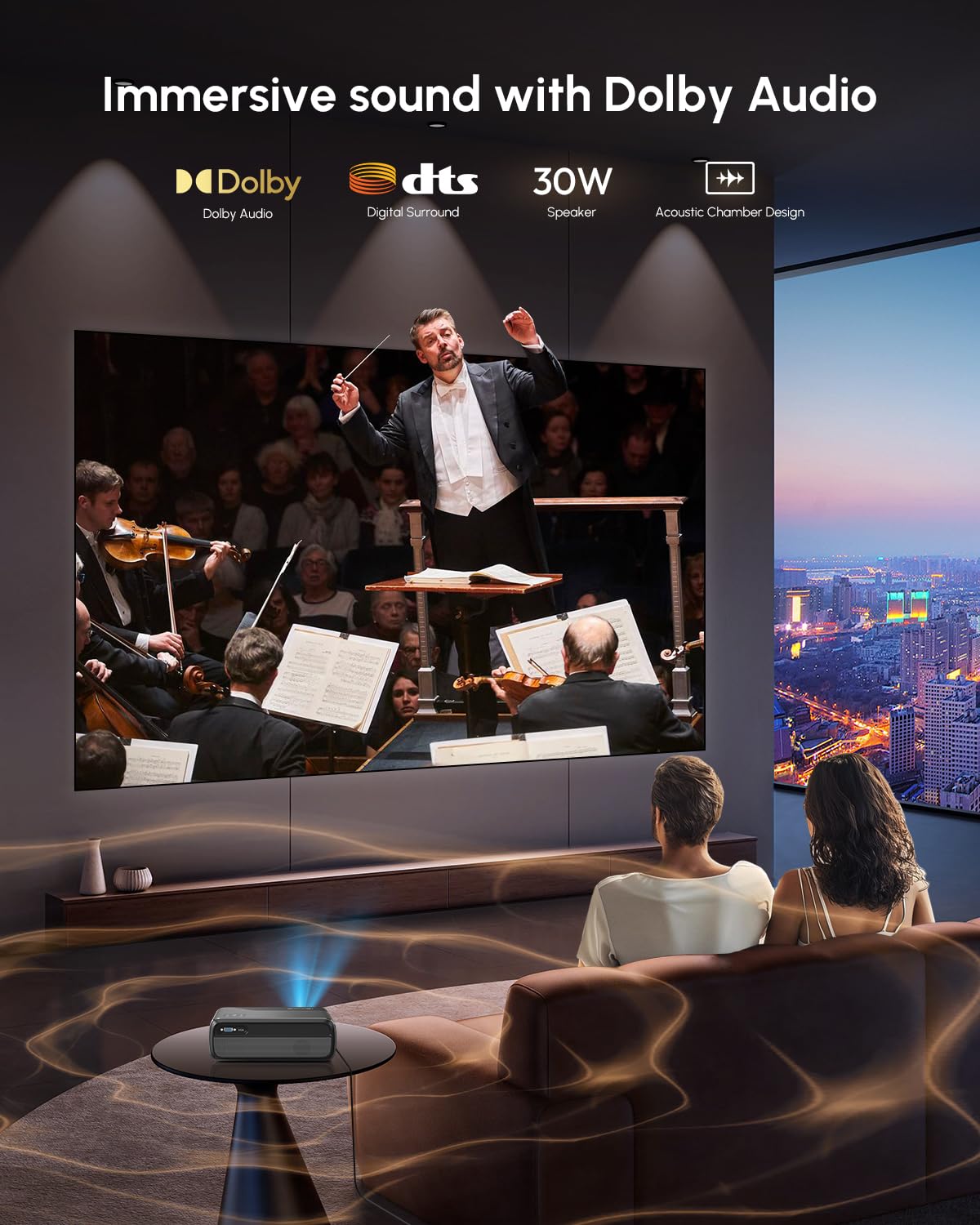 4K HDR Projector 1400 ANSI Ultra HD Portable Smart Projector with Wifi6 and Bluetooth, HDMI eARC, DD+, NFC, Auto Focus for Home Theater, Outdoor Movie, Bedroom