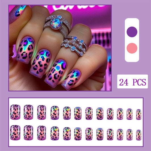 Auroral Purple Leopard Print Press on Nails Short Square Cheetah French Glitter Bling Cute Purple Animal Print Design Glossy Artificial Acrylic Fake Nails for Women Daily Wear 24Pcs