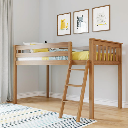 Max & Lily Classic Twin Low Loft Bed with Angled Ladder and 14-Inch Safety Guardrails, Solid Pine Wood Kids Bedroom Furniture, Space-Saving Loft Design, Clay