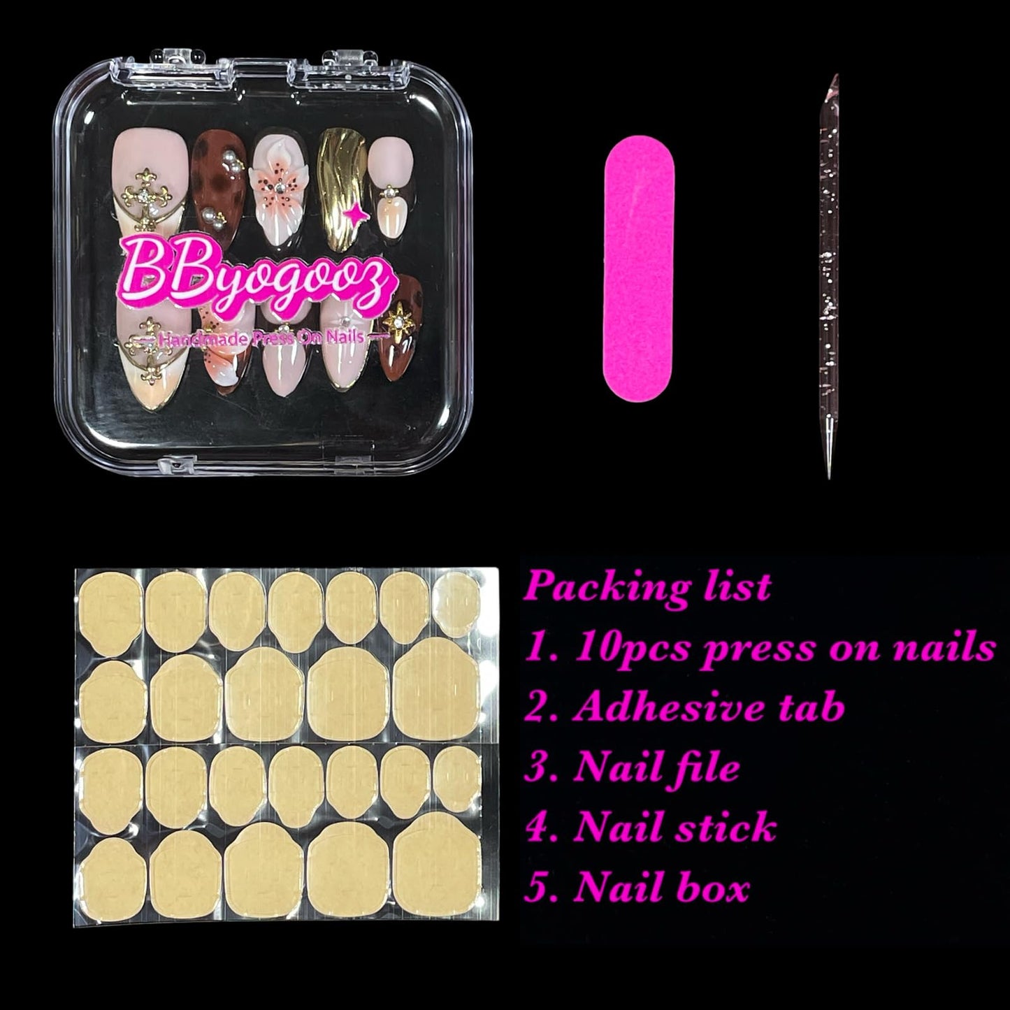 Handmade Press On Nails Medium Almond 10 Unique 3D Floral Designs Gold Filigree Crosses Caramel-Brown & Peach Blossoms | Reusable Acrylic False Nails for Women (Brown, M)