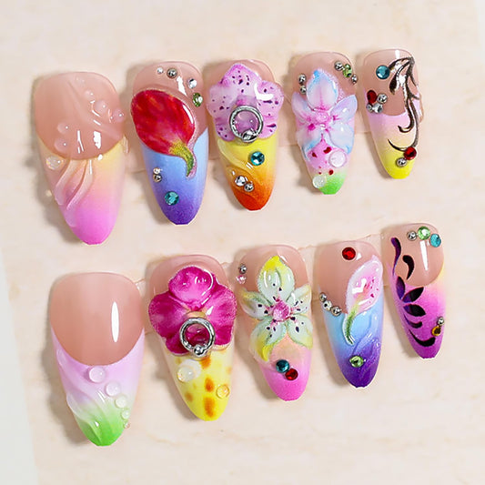 24Pcs 3D Flower Press on Nails Medium Almond Fake Nails French Tip False Nails with Silver Pearl Rhinestones Gilding Design Colorful Summer Stick on Nails Full Cover Artificial Glue on Nails for Women
