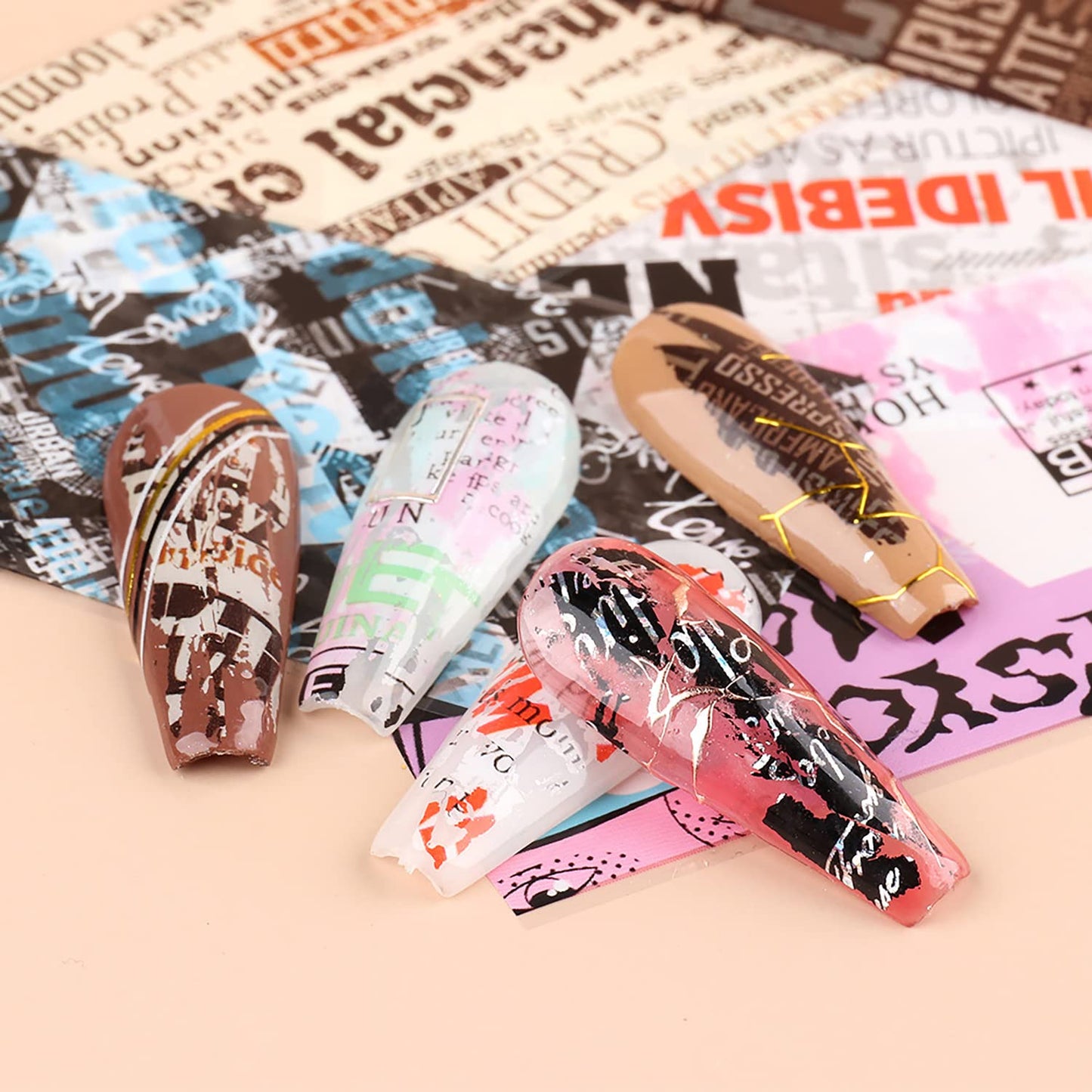 Holographic Nail Foil Transfer Stickers Decals, Funny Nail Polish Sheets, Newspaper Letter Nail Art Designs Acrylic Nails Supplies for Nail Transfer Glue Polish, Women Nail Decal Film Decorations