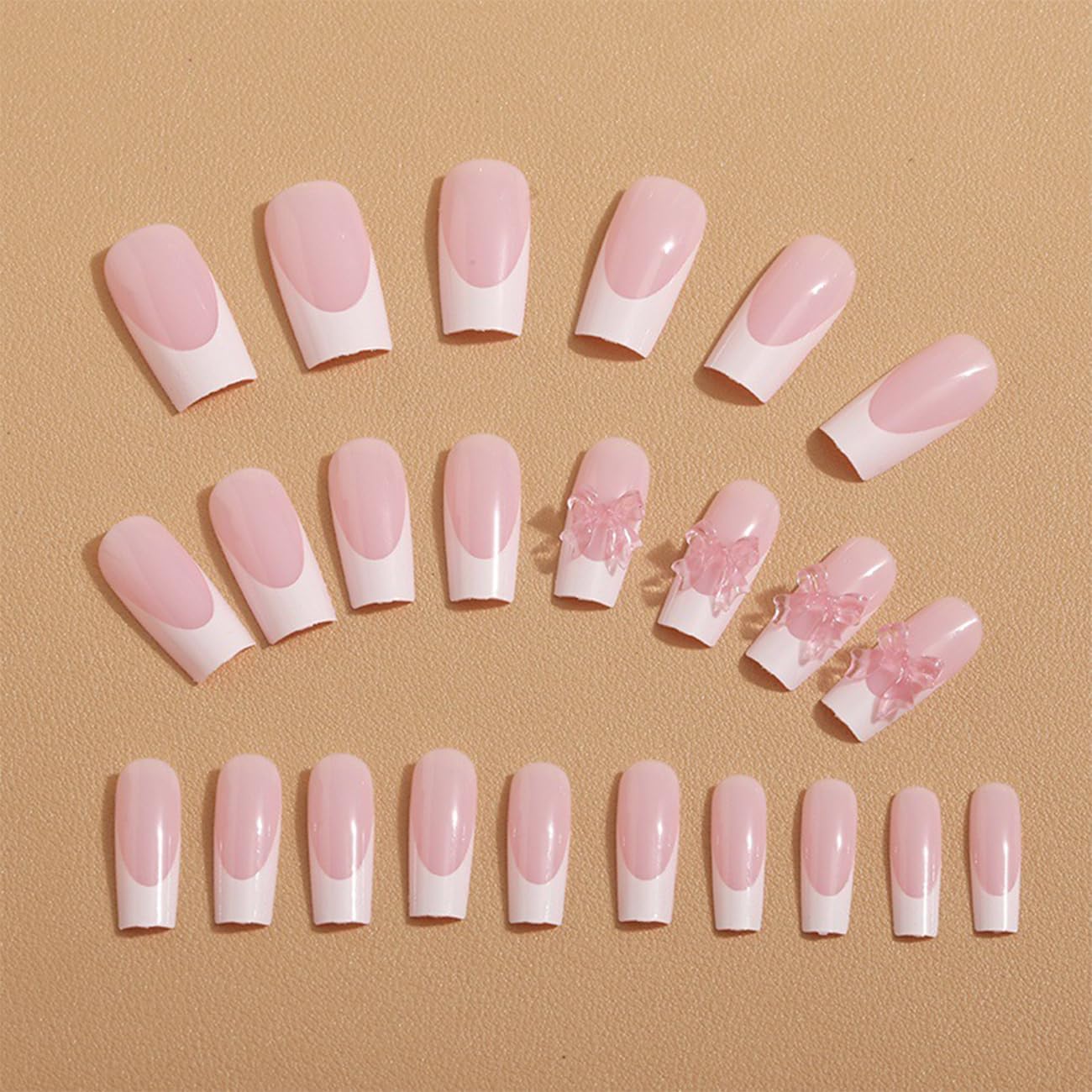 24pcs French Tip Press On Nails - Medium Length Almond Fake Nails With White Tips, Bow Charms & Nude Color Acrylic Finish - Perfect For Daily Wear & Manicure