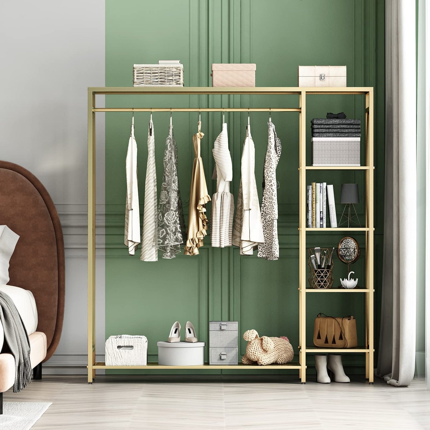 TIEOU Modern Gold Clothes Racks Free-Standing, Gold Clothing Rack with Shelves for Boutiques, Heavy Duty Garment Rack for Hanging Clothes, Large Wardrobe Closet(59''L)