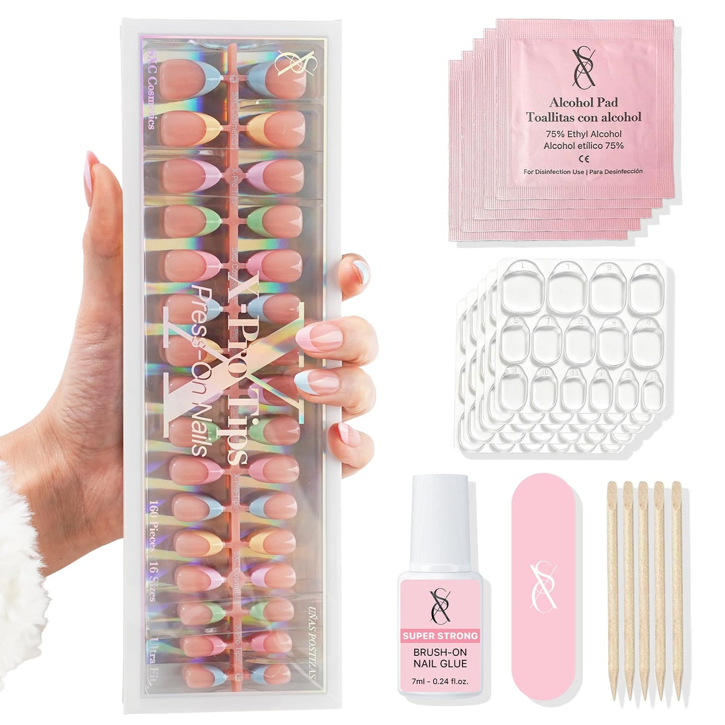 SXC Cosmetics Press On Nails - 011 Pastel Party | X5 Signature Series - Short Almond X-Pro Tips Fake Nails, Salon Quality Nails 16 Sizes - 160 pieces Nail Kit with Glue