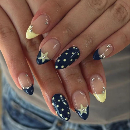 IMRAIN Polka Dot Press on Nails Medium Almond Fake Nails Glossy Blue Yellow Glue on Nails Cute French Nail Tips Acrylic Gel False Nails for Women Girls