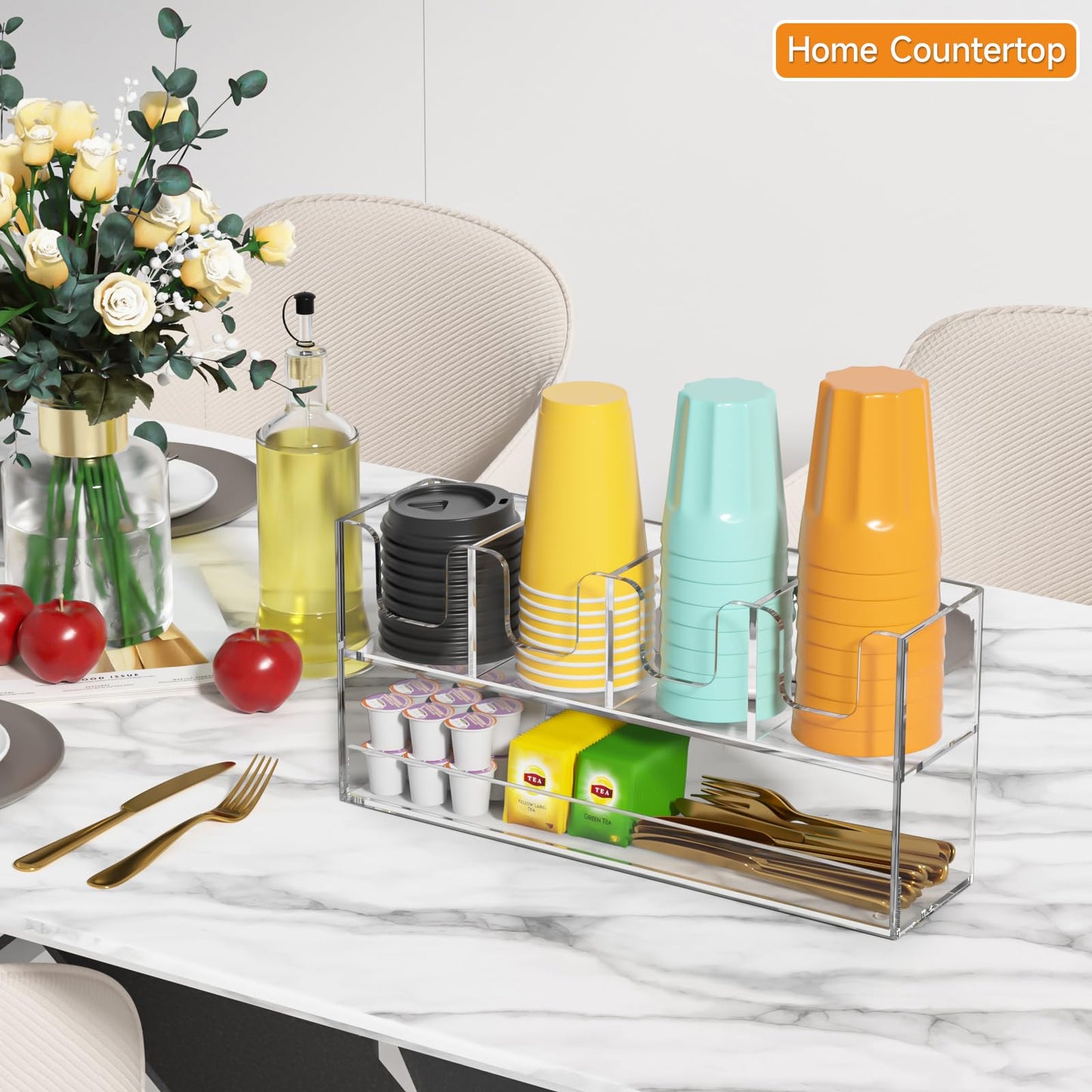 Beego 5-Compartment Cup Holder for Countertop - 2-Tier Clear Acrylic Cup Dispenser Coffee Station Paper Cup and Lid Organizer Condiment Storage for Restaurant Breakroom Kitchen Bar Accessories