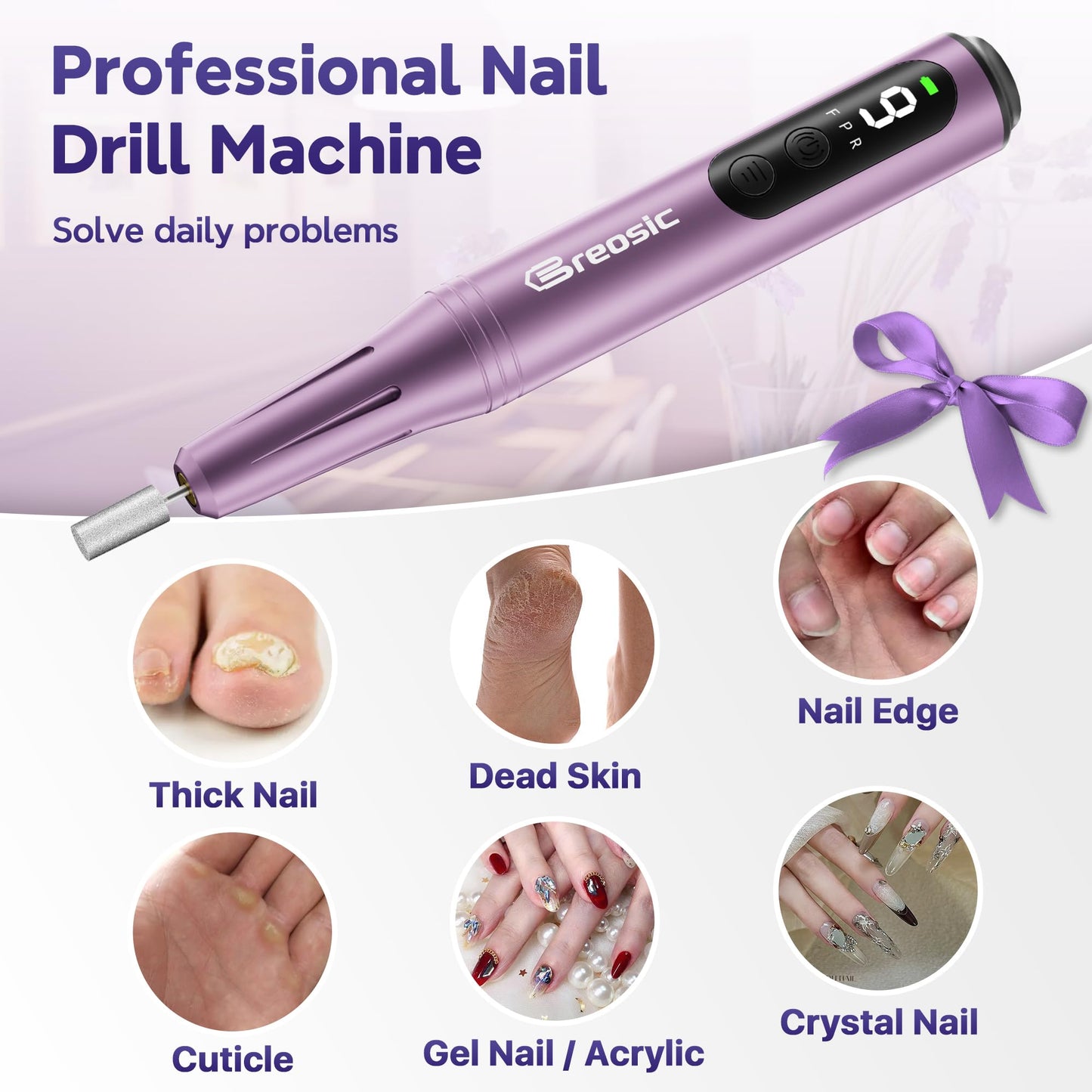 Breosic Electric Nail Drill Professional 35000RPM,Rechargeable Electric Nail File Cordless with 9-Speed & LED Display,12-in-1 Portable Manicure Pedicure kit for Acrylic Gel Dip Powder Nails (Purple)