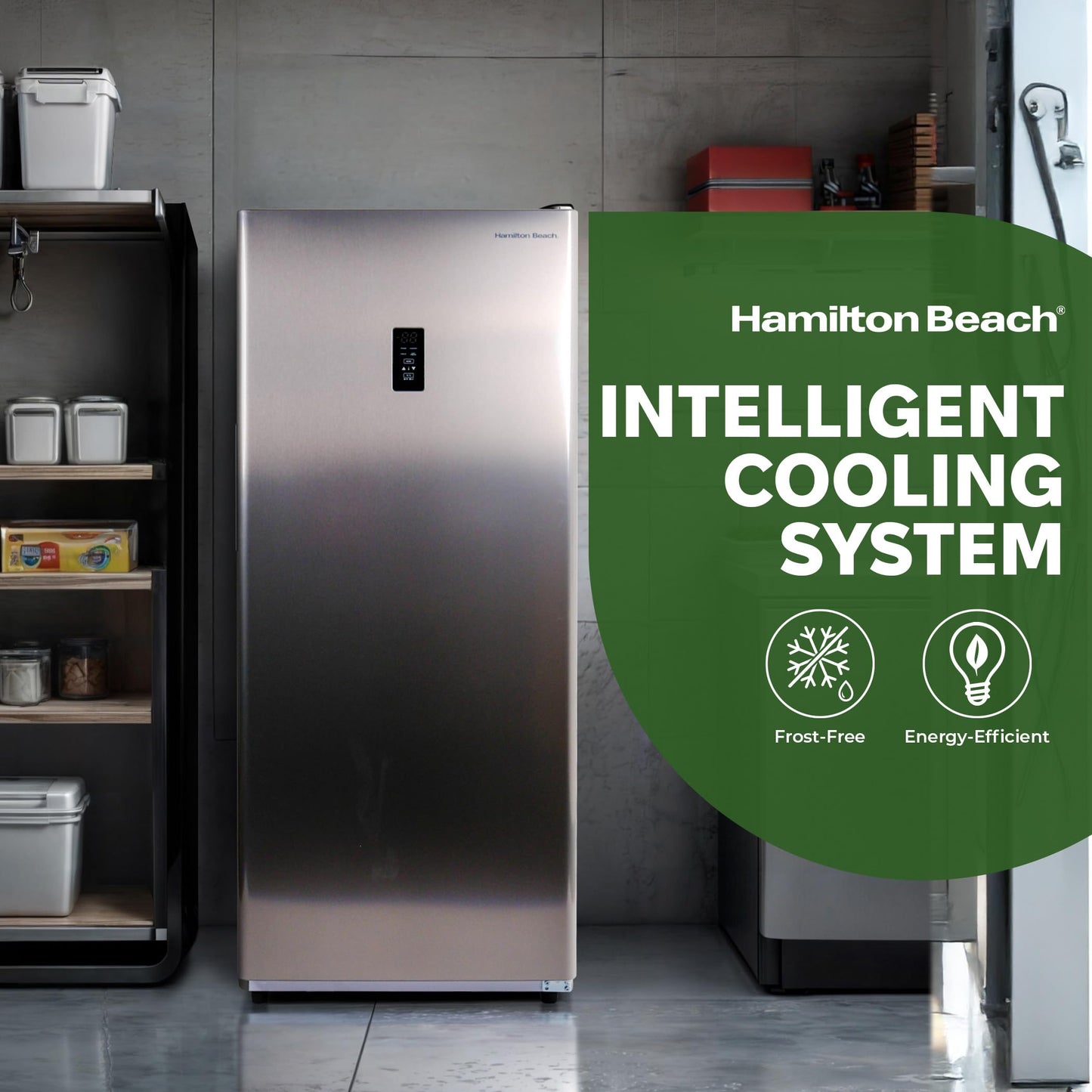 Hamilton Beach HBFRF1495 14 cu ft Upright Convertible Fridge/Freezer-Frost Free-Removable Glass Shelves-LED Interior Light, Stainless
