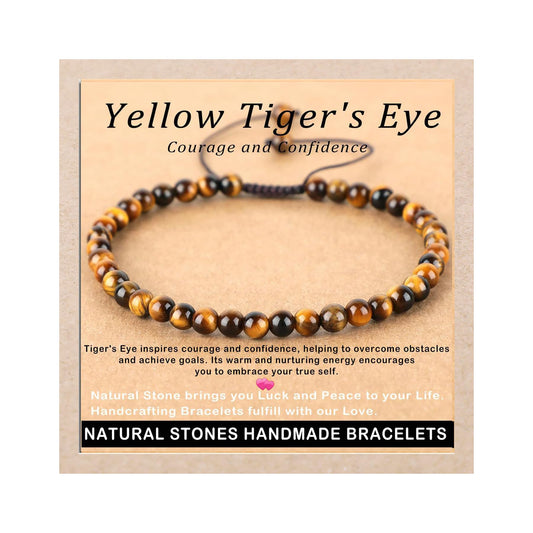 AD Beads 4mm Yellow Tiger's Eye - Courage and Confidence - Handmade Natural Stone Crystal Bracelet with Adjustable Macrame String - Yoga Healing Power Energy Gifts for Men and Women