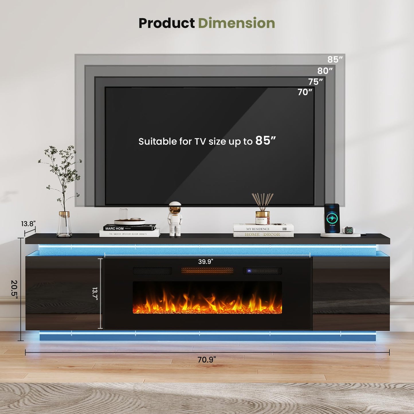 Lamtor Fireplace TV-Stand with 40" Fireplace - 2 LED Light TV-Stand for 85 inch TVs, Entertainment Center with 4 AC Power Outlets, 2 Tier TV Consoles Stand for Living Room, Black