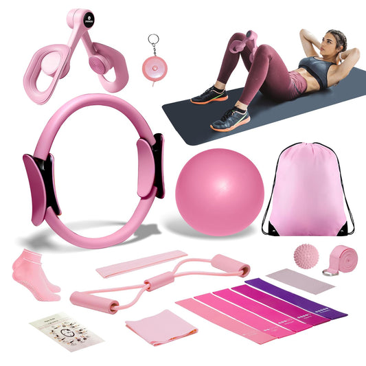 Pilates Ball and Ring Set for Women, At Home Pilates Kit with Thigh Master, 5 level Resistance Bands, Yoga Ball & Muscle Massage Ball, 18 Pcs Pilates Essential Kit for Toning Fitness Workout Equipment