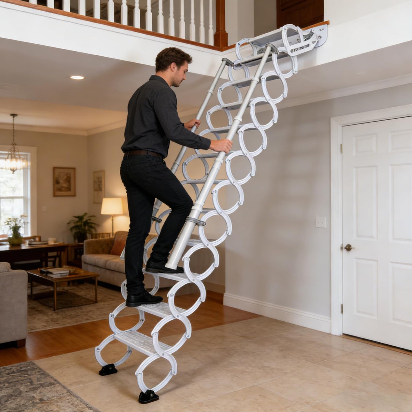 12 Steps Wall-Mounted Folding Stairs for Attic, Attic Ladder Pull Down System with Retractable Handrail& Pull Rod, Anti-Slip Steps, Attic Stairs for Home (White, 9.6-10ft)
