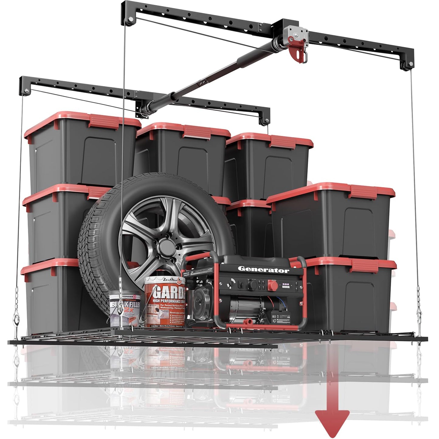 Overhead Garage Storage Rack for 12–14 FT Ceiling, Heavy-duty 4x4 FT Ceiling Storage Racks with Safety Lock, Ideal for Garage Storage Mounted Lift System and Storage Organizer, 250lbs Capacity