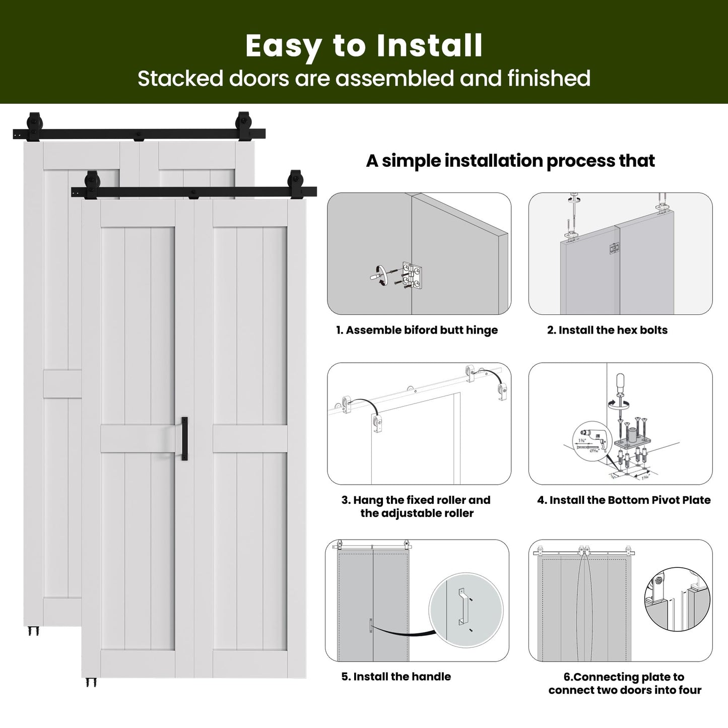 SMARTSTANDARD Bifold Barn Door 64'' x 84'',Bi-Fold Sliding Closet Doors with Hardware Kit Included,72'' Track Kit for 4 Doors,Waterproof & Quiet,Pre-Drilled Holes Easy Assembly,White