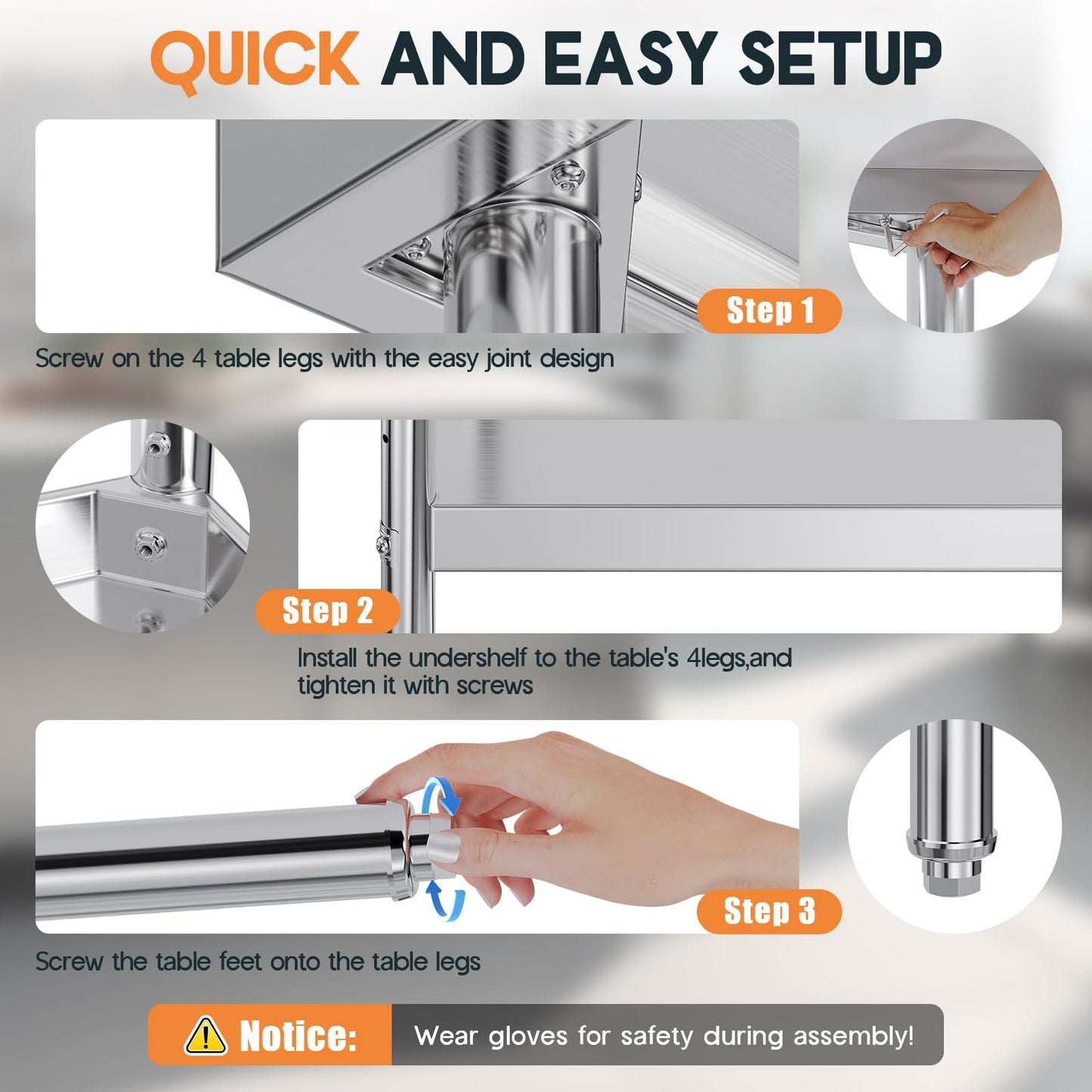 Jocisland 30" x 82" Stainless Steel Table for Prep & Work, NSF Certified Adjustable Under Shelf and Feet, for Commercial Kitchen, Restaurant, Hotel and Garage