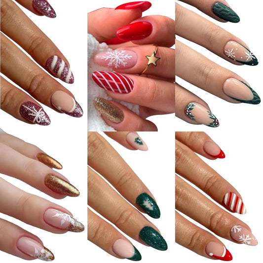 6 Packs (144 Pcs) Christmas Press on Nails Medium Almond Fake Nails Winter Xmas False Nails with Designs Snowflake Glue on Nails Full Cover Glossy Acrylic Stick on Nail for Women Girls Manicure