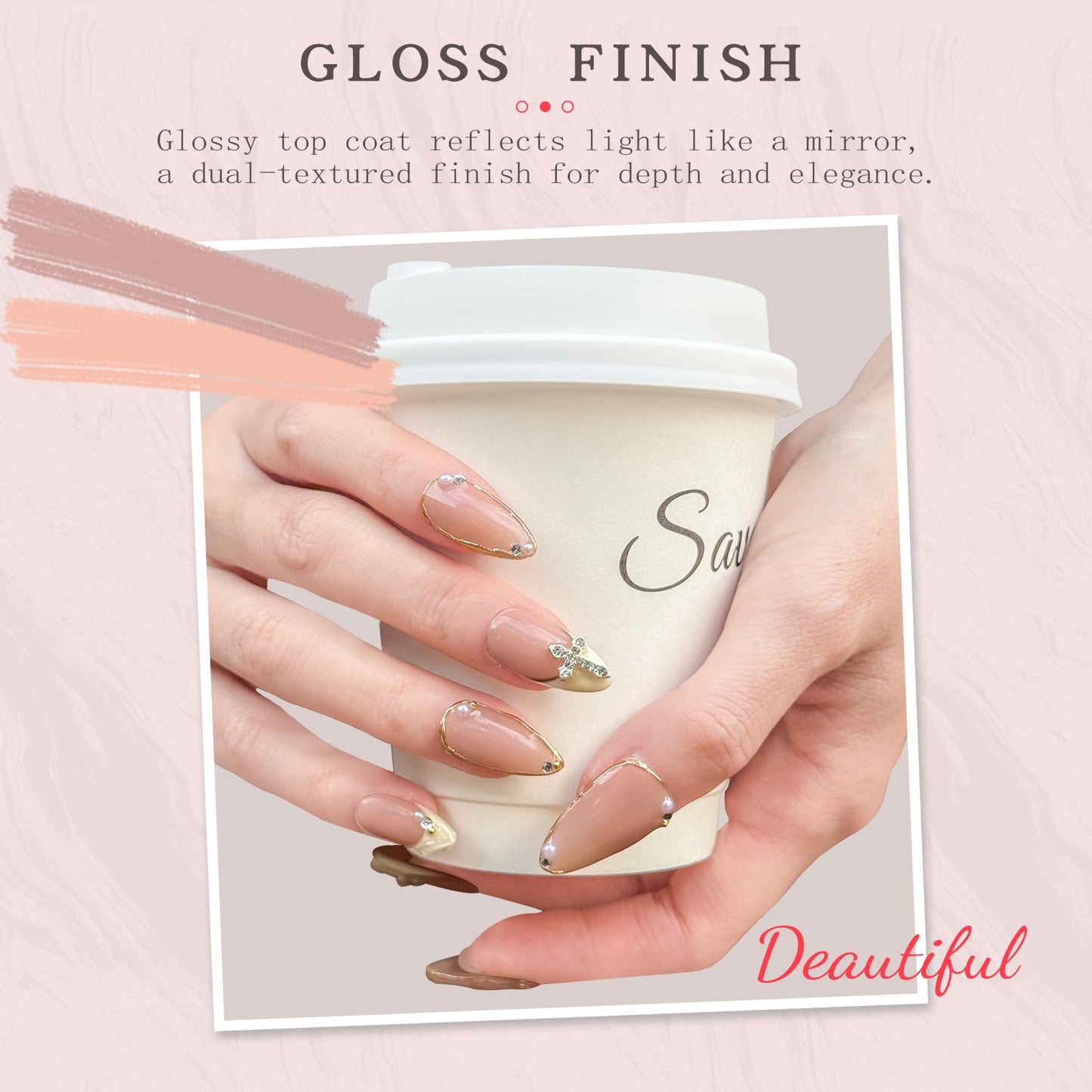 Luxury Handmade false nails，3D Gold French Cross Press-On Nails – Medium Almond Shape False Nails with Rhinestone Embellishments, Elegant Reusable Stick-On Nails(10PCS-M)