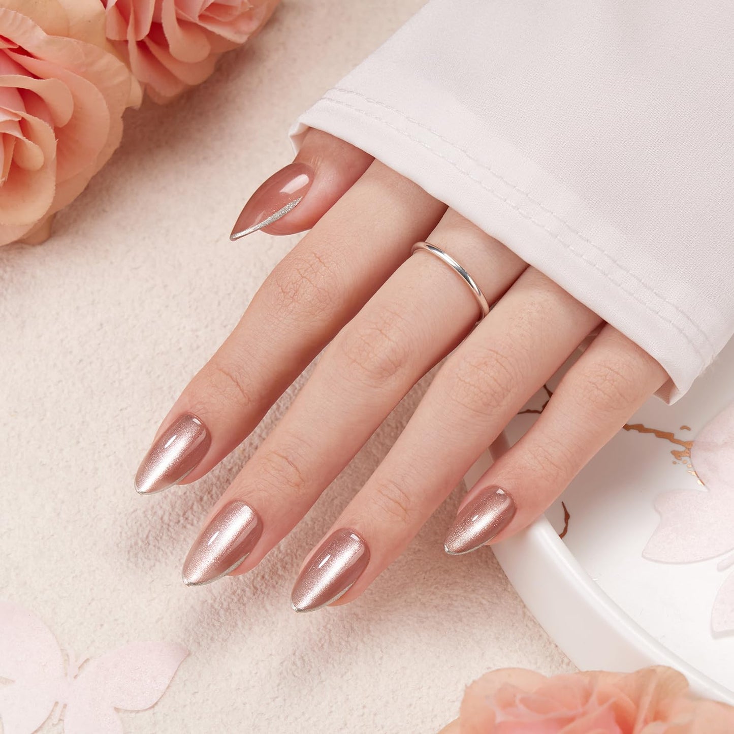 VSALON Press on Nails Short Almond - Pink Cat Eye Glitter Metallic Tip Fake Nails Kit for Woman, Reusable Spring Summer Opaque Gel Glossy Glue on Nails with Glue - 32 PCS Stick on Nails 16 Sizes