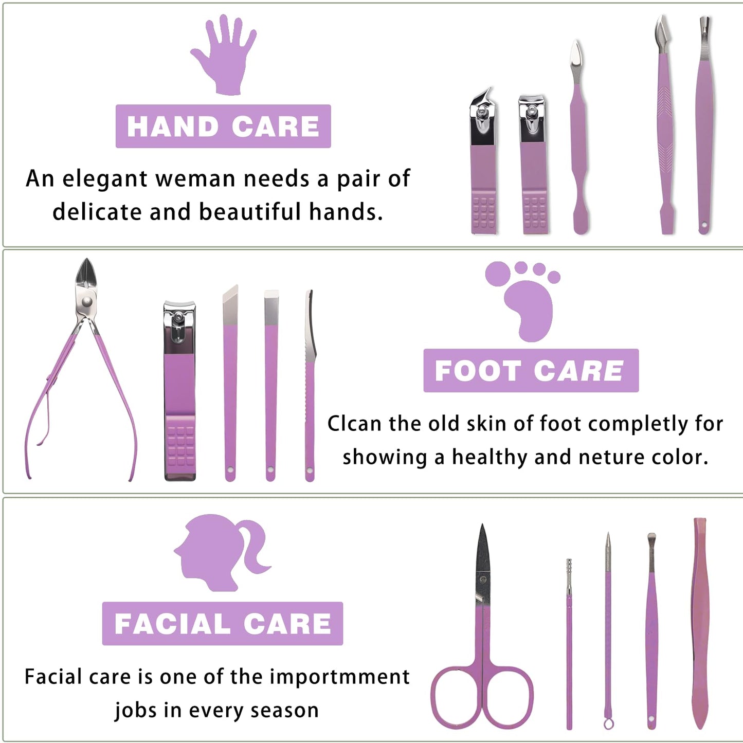 Manicure Pedicure Kit, Purple, Stainless Steel, 18-Piece Set with Portable Travel Case, Nail Clippers, Scissors, Cuticle Tools